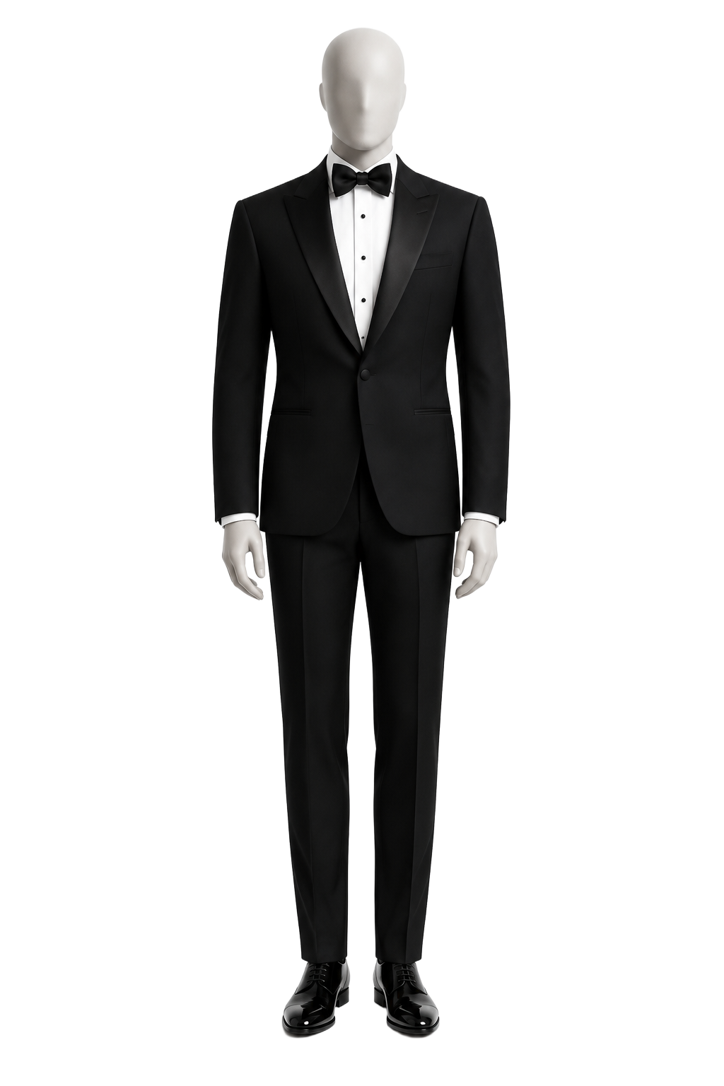 Faceless mannequin wearing a classic black tuxedo with bow tie